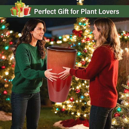 Set of 2 Lightweight Ceramic-Look Tall Planter, 21 inch Large Plastic Planter with Drain Hole & Saucers, Large Outdoor Planters for Porch, Garden, Patio, Balcony(Fiery Red)