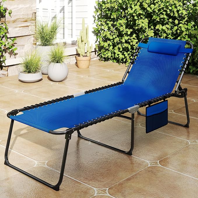 Goplus Extra Large Lounge Chair Outdoor, 27” Wide Folding 5-Position Tanning Chair with Detachable Pillow, Side Pocket, 16” High Chaise Lounger, Patio Lounge Chair for Yard Pool Yard