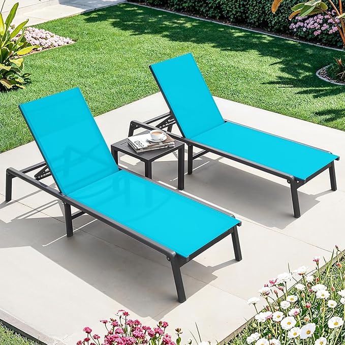Aluminum Chaise Lounge Chair Outdoor, Foldable & Assembly Free Outdoor Lounge Chair with 5 Position Adjustable Backrest, Patio Pool Lounge Chairs for Outside Poolside Beach Lawn, 1PC, Lake Blue