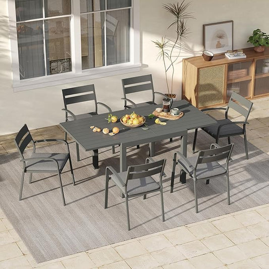 Soleil Jardin 7-Piece Outdoor Patio Dining Set, 35" - 71" Aluminum Expandable Outdoor Dining Table Set for 6, 6 Stackable Chairs with Gray Removable Cushions, Dark-Grey