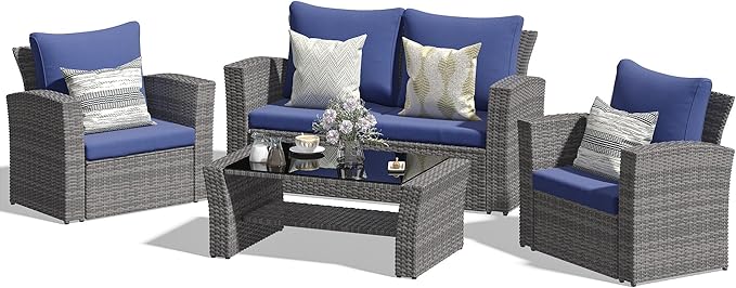 Wisteria Lane 4 Piece Patio Furniture Set, Wicker Outdoor Patio Conversation Furniture Set, All Weather Outdoor Patio Sofa with Cushion and Glass Table, Blue