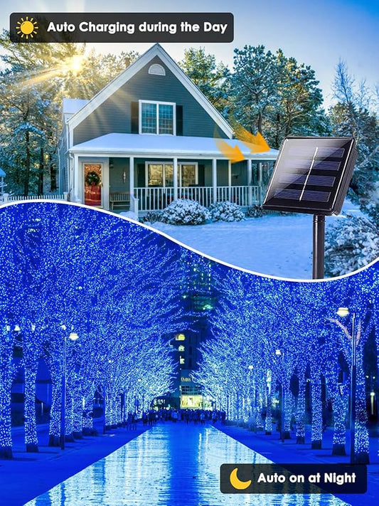 2 Pack 200 LED Solar String Lights Outdoor, Solar Christmas Lights with 8 Lighting Modes, Waterproof Green Wire Solar Tree Lights for Outside Xmas Wedding Party Garden Patio Yard Decorations (Blue)