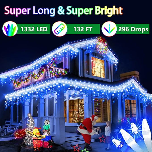132FT 1332 LED Outdoor Christmas Lights - 296 Ice Drops, 12 Pro Modes with Timer Memory & Brightness, Waterproof Hanging Ice String Light for Holiday Wedding Garden Fence House Decor (White & Blue)