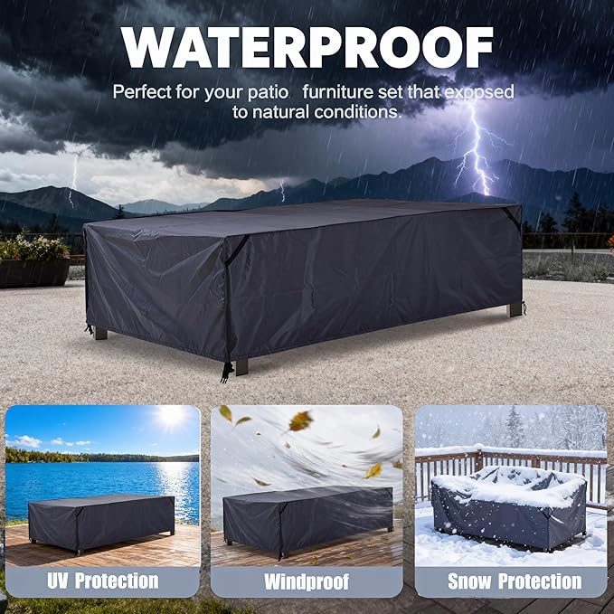 Rectangular Patio Table Cover - 600D Tough Canvas Heavy-Duty Waterproof Outdoor Dining Table and Chairs General Purpose Furniture Cover (DarkGrey, 86.6''x57.5''x27.6''-No zipper)