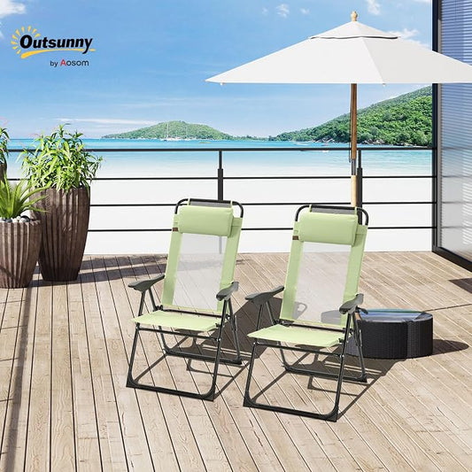 Outsunny Folding Patio Dining Chairs Set of 2, Outdoor Deck Chair with Adjustable Sling Back, Camping Chair with Removable Headrest for Garden, Backyard, Lawn, Green