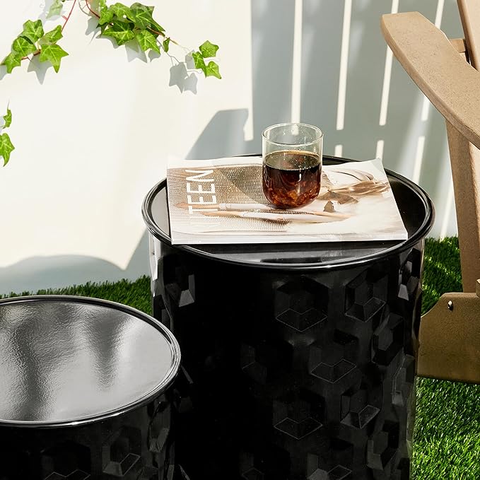Glitzhome Outdoor Side Tables for Patio, Nesting Round Metal End Tables, Set of 2 Planter Stand, Small Round Honeycomb Texture Garden Stools, Black