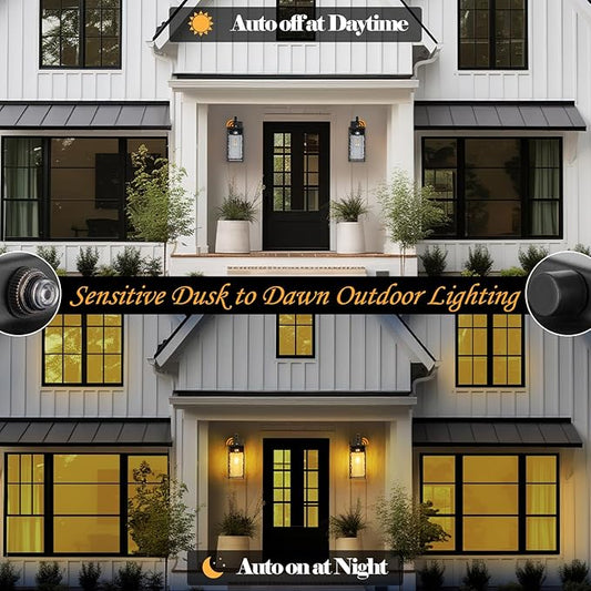 2-Pack Dusk to Dawn Outdoor Lighting with Water Ripple Glass, IP65 Waterproof Matte Black Front Porch Lights Photocell Sensor Exterior Light Fixtures Outdoor Wall Sconces Coach Lights