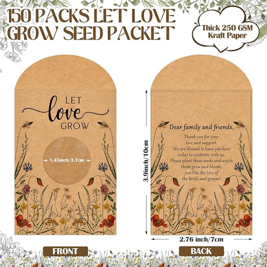 Fumete 150 Pcs Let Love Grow Seed Packets Cool Wedding Favors for Guests Kraft Envelope Kraft Bag with Window Flower Resealable Seed Storage Packets for Wedding Party Favors Bridal Shower
