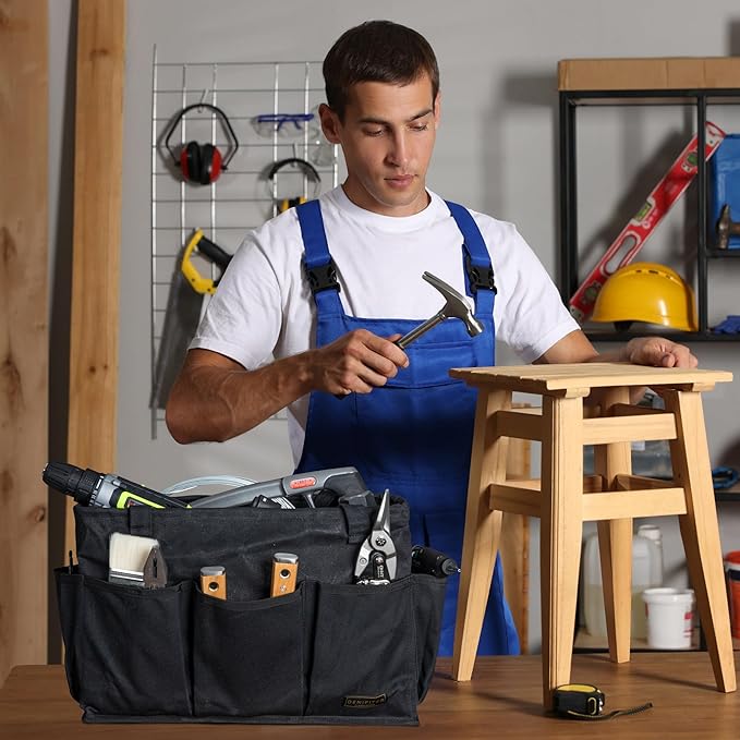 Heavy-Duty 16 oz. Waxed Canvas Tool Bag with 9 Pockets – Foldable Open-Top Design Featuring Dual Carry Handles, 15.5"x7.5"x10.5"