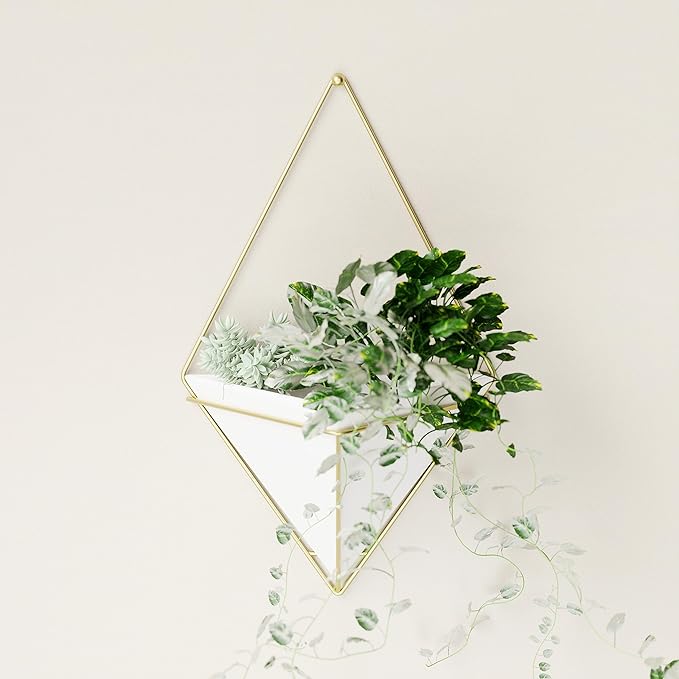 Umbra Trigg Hanging Planter Vase & Geometric Wall Decor Container - Great for Succulent Plants, Air Plant, Mini Cactus, Faux Plants and More, White Ceramic/Brass
