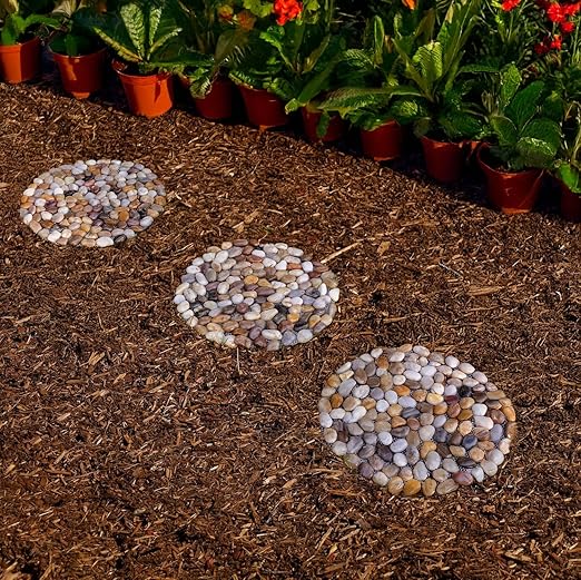 6 PCS River Rock Stepping Stones Outdoor, 12 Inch Diameter Round Pavers Pebbles Polished Gravel for Garden Walkway