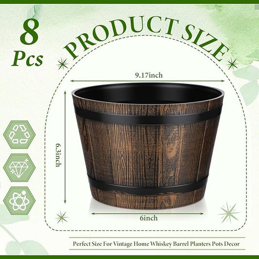 8 Pcs 9.17inch Plant Pots Whiskey Barrel Planter Flower Pot with Drainage Holes Plastic Decoration Large Flower Pots for Indoor Outdoor Plants Garden Home Plants for All Houseplants
