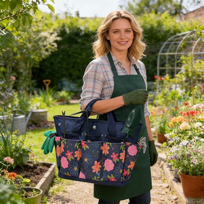 Waterproof Garden Tool Bag, 600D Oxford Portable Gardening Tote with Handle & Multi Pockets, Ideal Gifts for Parents Women (Blue, Tools Not Included)