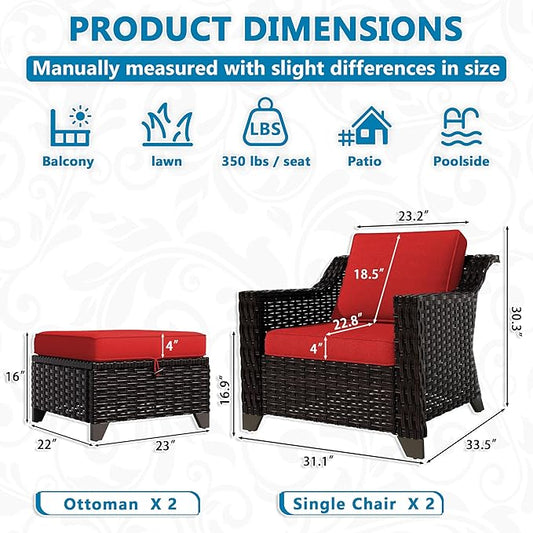 VistaVibe 4 Pieces Outdoor Patio Conversation Furniture Set - 2 Luxurious Armchairs | 2 Wicker Ottomans, Removable Cushions, Hand-Woven PE Rattan, Office, Porch (Brown/Red)