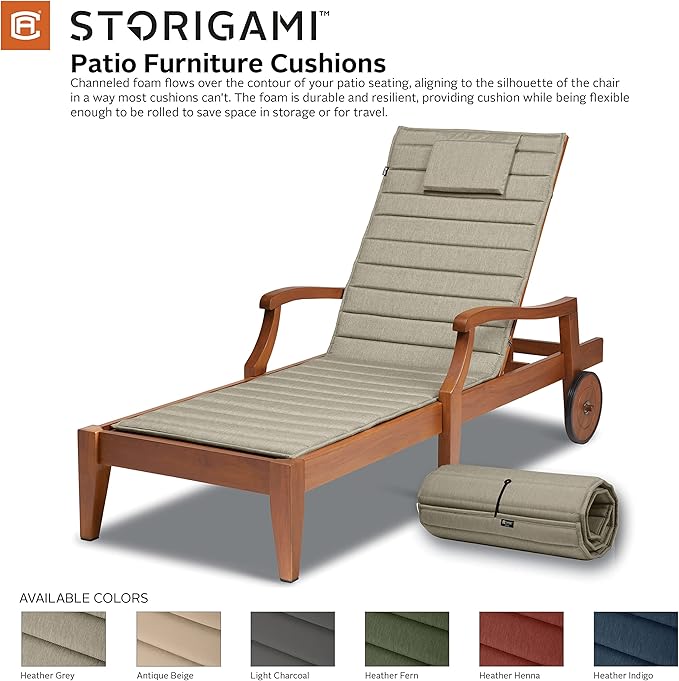 Classic Accessories Storigami Water-Resistant 72 x 21 Inch Chaise Lounge Cushion, Heather Grey, Patio Cushion