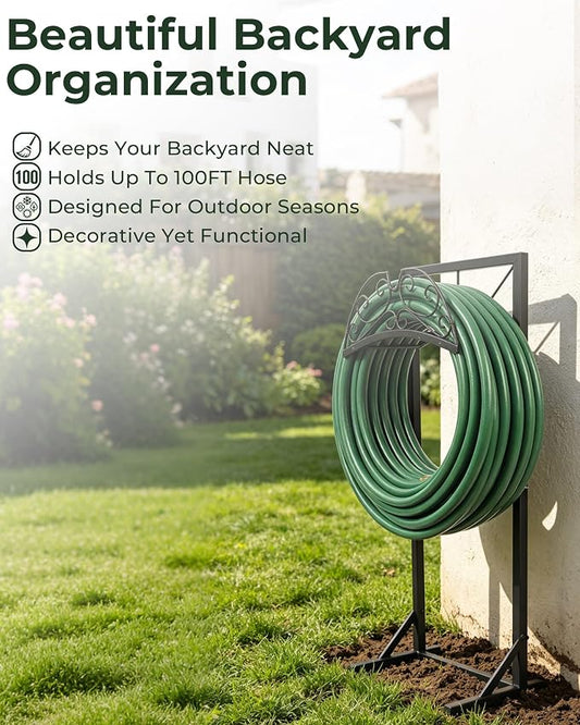 Garden Hose Holder Stand, Heavy Duty Freestanding Metal Rack | Reinforced Triangle Support, Dual Ground Stakes & Weather-Resistant Finish for Elegant Outdoor Storage