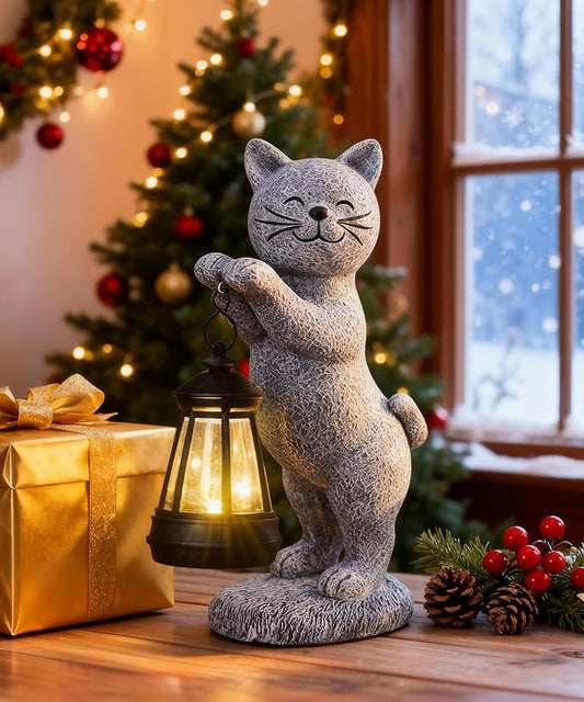 Solar Cat Garden Statues for Outdoor: Outside Sculpture Lantern Decor for Yard Lawn Porch Patio Balcony Decorations Gifts for Grandma Mom Women