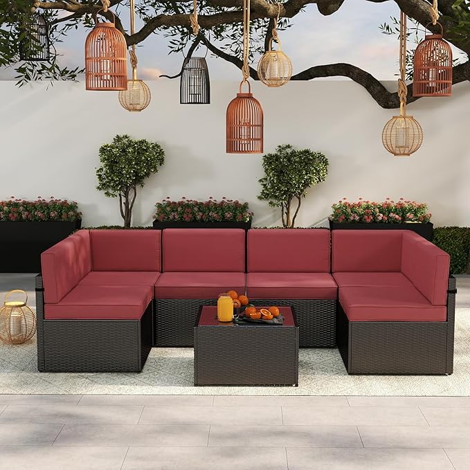 Kinsuite 7Pcs Patio Conversation Set - Wicker Backyard Furniture Outdoor Furniture with Cushions, All-Weather Couch Set with Coffee Table for Garden, Lawn, Deck, Red