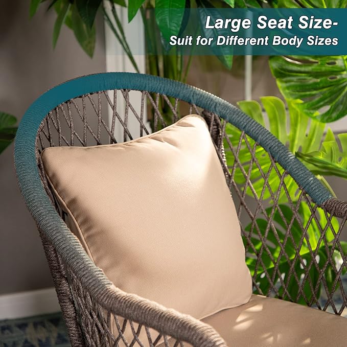 PHI VILLA 3 Pieces Patio Conversation Bistro Set, 2 Hand-Woven Olifin Rope Cushioned Chairs and 1 Glass Top Coffee Table Outdoor Furniture Set for Porch, Backyard - Grey with Beige Cushion