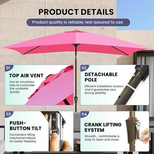 Ayge 6.5x10FT Rectangular Patio Umbrella Outdoor Table Umbrella w/Push Button Tilt & Crank Rectangle Market Umbrella UV Protection for Garden,Deck,Lawn,Yard & Pool,Rose Pink