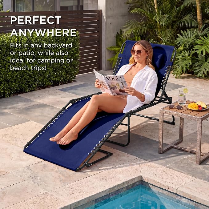 Best Choice Products Extra Wide Patio Chaise Lounge Chair, Portable Outdoor Folding Recliner for Lawn, w/ 8 Positions, Handles, 440lb Capacity - Navy