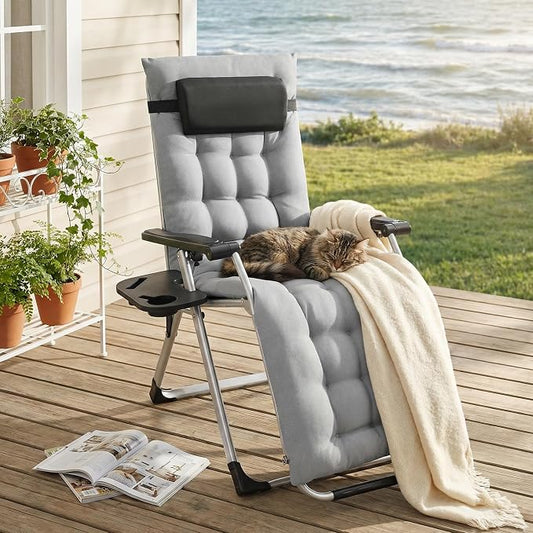 Alpen Premium Outdoor Chaise Lounge Chairs, Zero Gravity Chair with Removable Cushion and Headrest, Lawn Chair with Cup Holder for Reading and Camping, Grey