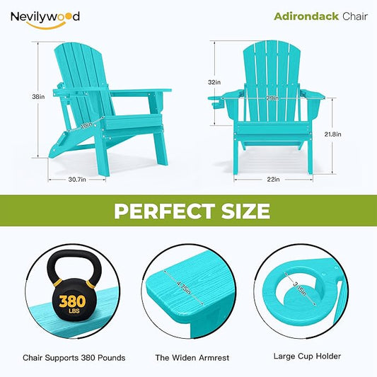nevilywood Folding Adirondack Chair with Cup Holder Set of 4, HDPE Patio Chairs,All-Weather Outdoor Chairs for Backyard, Deck,Fire Pit-Aruba