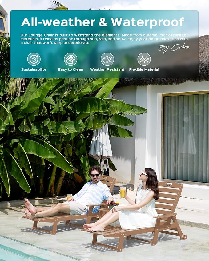 Lounge Chair Outdoor, Oversized Chaise Lounge Chair with 5 Positions, HDPE, Patio Lounge Chair with Wheels & Cup Holder for Pool, Deck, Poolside, Teak