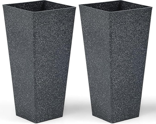 28" Plant Pots Tall Planters for Plants Outdoor Set of 2 Plastic Planter Pot Large Flower Pots Indoor Weather-Resistant for Patio, Porch, Garden, Front Door Christmas Decor Terrazzo Black