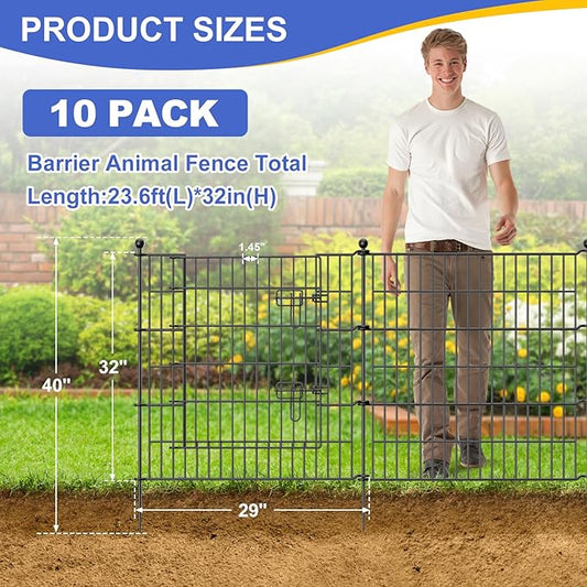10 Panels No Dig Decorative Garden Fence with Gate, 32 in(H) X 23.6 ft(L) Outdoor Dog Rabbits Fence, Animal Barrier Pet Fencing Rustproof Metal Wire Panel Border for Yard, Patio, Flower Bed