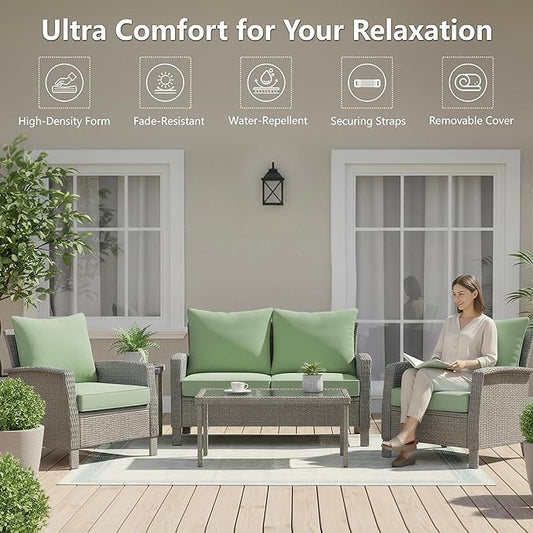 24x24 Inch Outdoor Chair Cushions Set of 4, Patio Furniture Cushions - Removable Cover, Water-Repellent, Fade-Resistant, Non-Slip Bottom & Straps, Replacement for Deep Seat Sofa & Couch - Sage Green