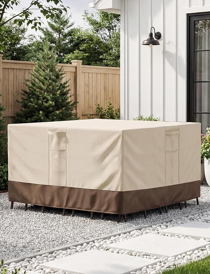 Patio Furniture Covers Waterproof Rectangular, Outdoor Furniture Covers Waterproof Windproof with Padded Handles, Heavy Duty 600D Oxford Outdoor Table Chair Set Cover