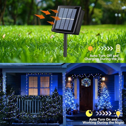 YEGUO 4 Pack Blue and White Solar Fairy Lights, Each 33ft 100 LED Christmas Lights Outdoor Waterproof, 8 Modes Sliver Wire Solar String Lights