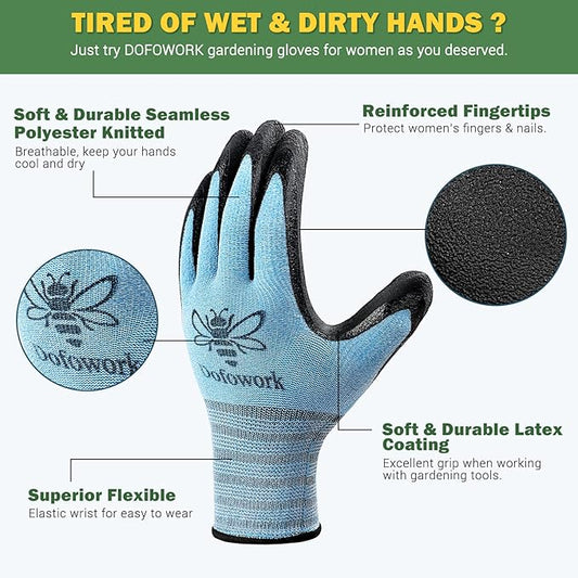DOFOWORK Gardening Gloves - 6 Pair Gardening Gloves for Women/Men, Breathable Natural Latex Garden Gloves with Grip