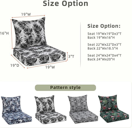 Favoyard Outdoor Seat Cushion 19 x 19 x 3 in Waterproof Pattern Fade Resistant Cover Removable Patio Furniture Cushions Deep Seat & Back Cushion Set with Adjustable Straps for Patio Chair Sofa Couch