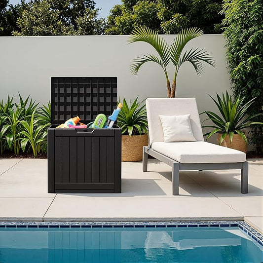 Flamaker Resin Deck Box 40 Gallon Waterproof Outdoor Indoor Storage Box Imitation Wood Resin for Patio Furniture Garden Tools and Pool (Black)