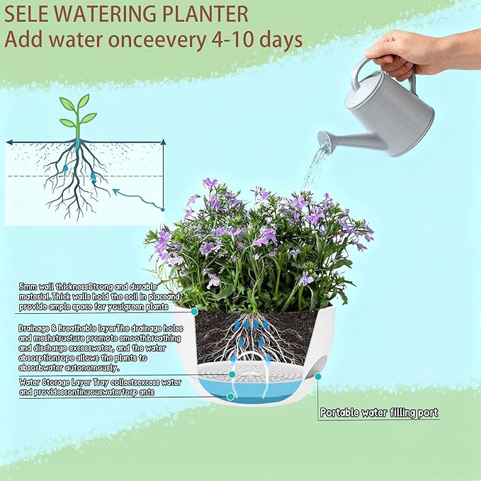 Set of 4-8 Inch Self Watering Hanging Planters for Indoor Outdoor,Hanging Plant Pots with Drainage & Removable Tray, Hanging Pots Holder for Ivy, Pothos, Ferns, Balcony & Patio, White