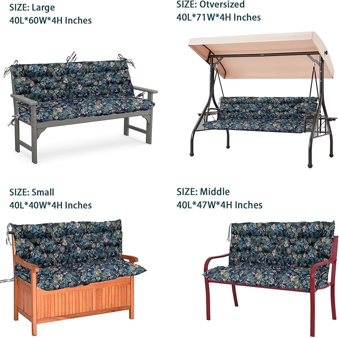 Swing Replacement Seat Cushions, 2-3 Seater Bench Cushions for Outdoor Furnitur with Backrest, Garden Recliner Seat Cushions Waterproof Sofa Pads (Leaves+Flower Pattern, 60x40in)