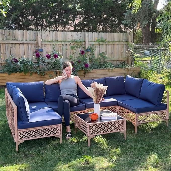 FHFO 7 Piece Outdoor Wicker Patio Furniture Set, Rattan Sectional Sofa Couch, Patio Conversation Set with Cushion & Coffee Table, for Backyard Poolside Porch Garden, Yellow/Blue