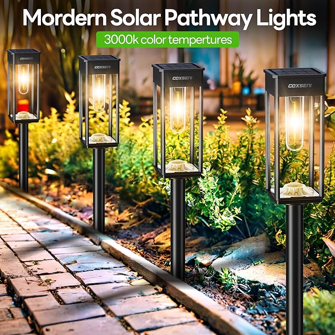Solar Pathway Lights Outdoor IP65 Waterproof, 6 Pack 3000K LED Auto On/Off Walkway Landscape Light for Yard Lawn Garden Patio Driveway Outside Decor, Warm White