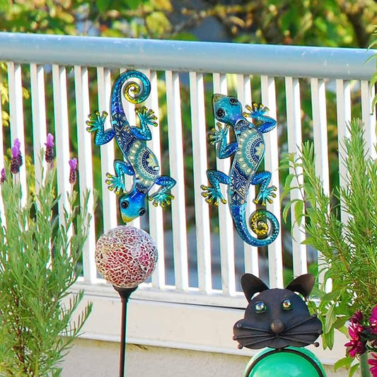 HONGLAND Metal Gecko Wall Art 2Pcs Outdoor Wall Decor 12 Inch Lizard Metal Hanging Wall Decoration Glass Sculpture for Garden Yard Patio Fence Home (Boho Blue)
