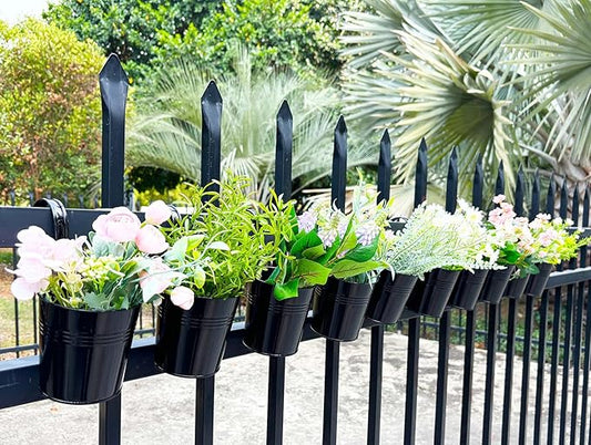 Pack of 10 Railing Planter, Hanging Planter Pot Metal 4 inch for Outdoor Indoor, Railing Fence Flower Pot with Detachable Hook for Small Plants Balcony Patio Garden, Black
