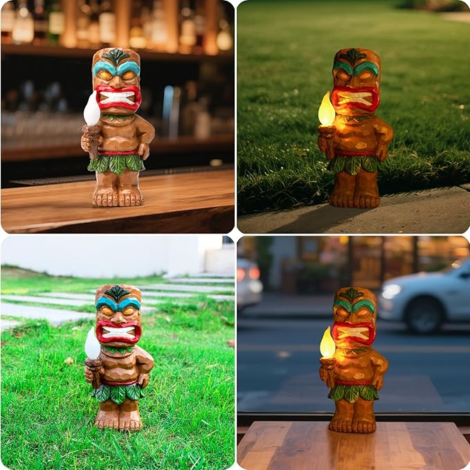 Solar Tiki Garden Statues Tiki Statue Holding Torches with Flickering Flame LED Lights for Tiki Bar Porch Lawn Yard Outdoor Decorations Christmas Birthday Gardening Gift for Mom Women