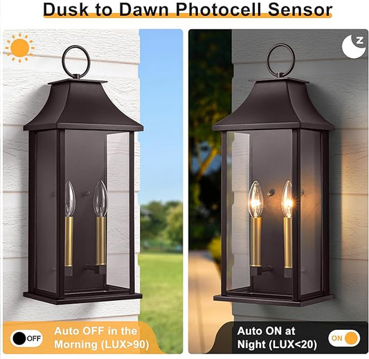 Oil Rubbed Bronze Dusk to Dawn Outdoor Wall Light, 20.6" Large Outside Wall Sconce Light 2-Light, Modern Exterior Wall Lantern with Glass, Waterproof Outdoor Porch Light for House, Porch