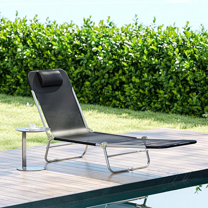 Outsunny Folding Chaise Lounge Chair, Reclining Back, Black | Sun Tanning Chair for Outside, Breathable Mesh Seat, Headrest, Pool, Beach, Yard, Patio