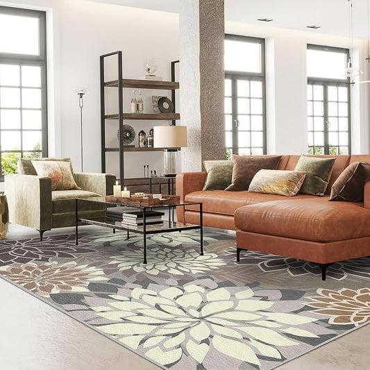 4x6 Washable Rug for Living Room Tropical Botanical Modern Floral Chenille Area Rugs Low Pile Non Slip Carpet for Patio, Bedroom, Laundry, Taupe