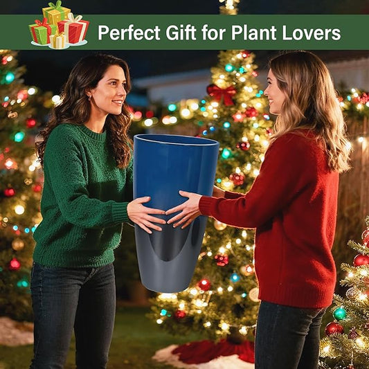 Set of 2 Lightweight Ceramic-Look Tall Planter, 21 inch Large Plastic Planter with Drain Hole & Saucers, Large Outdoor Planters for Porch, Garden, Patio, Balcony(Dark Blue)