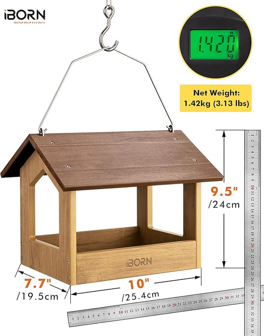 iBorn Pavilion Bird Feeder, Covered Platform Bird Feeder for Outdoors Hanging, WPC Recycled Plastic & Waterproof, Coffee