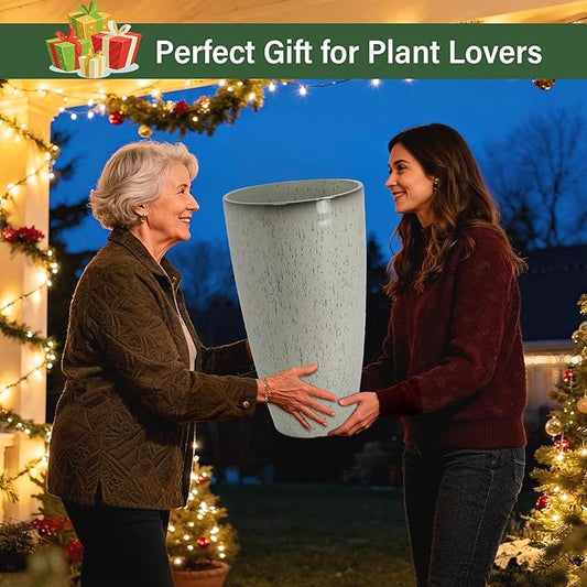 Set of 2 Lightweight Ceramic-Look Tall Planter, 21 inch Large Plastic Planter with Drain Hole & Saucers, Large Outdoor Planters for Porch, Garden, Patio, Balcony(Glaze Beige)