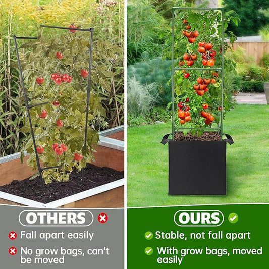 ANPHSIN 2 Sets Tomato Cages with 10 Gallon Grow Bags - 47'' Stable Plant Support Trellis Kit, Square Cages with Planter Pots for Garden Flowers Vegetables Cucumber Vertical Climbing Plants Vines